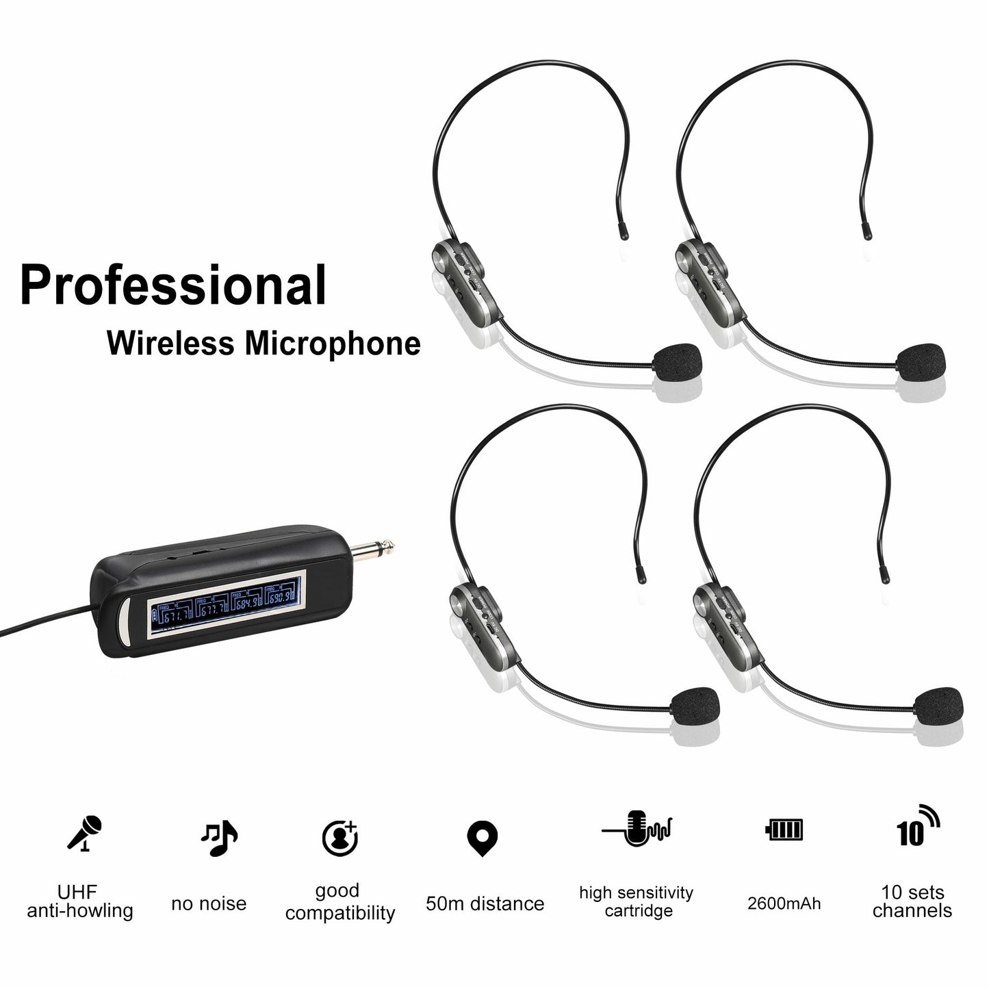 SHENGFU PRO-4T Multifunctional Wireless Microphone Headset UHF Adjustable 4-channel Universal Wireless Condenser Mic for Teaching