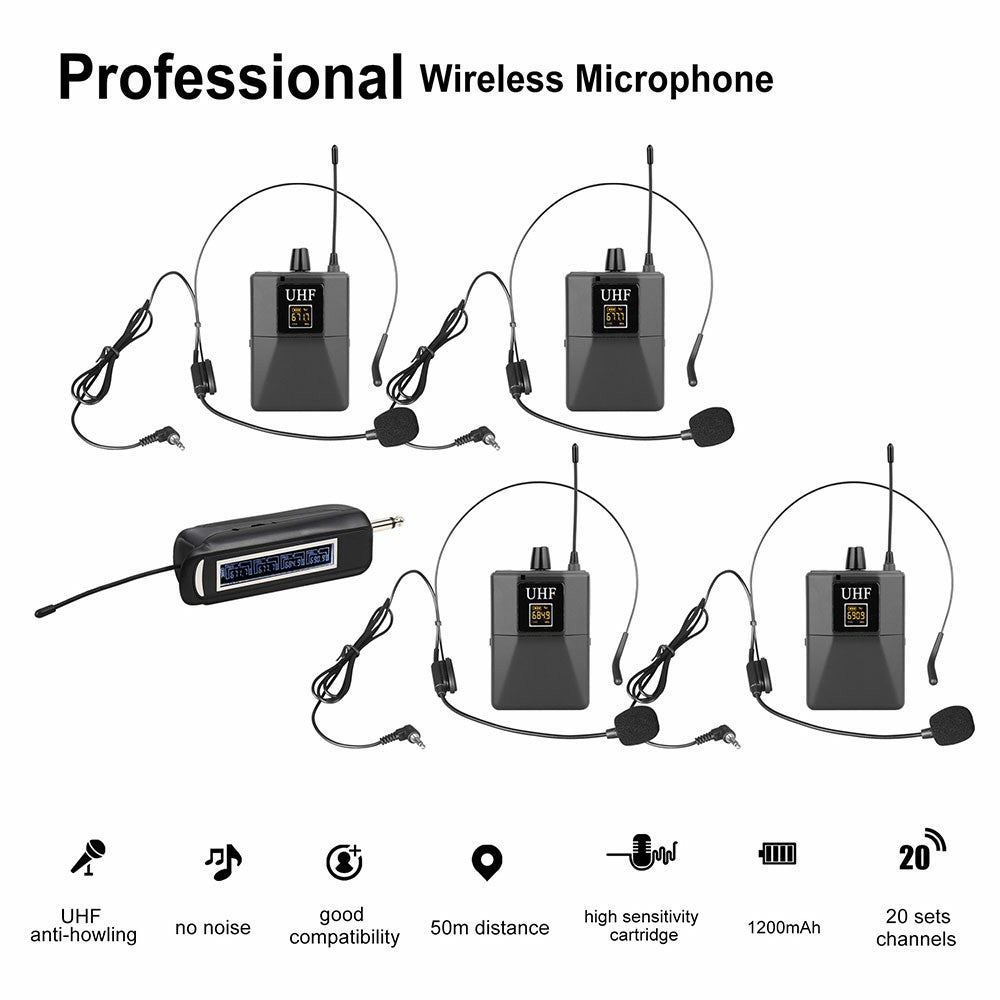 SHENGFU PRO-15CT Head Mounted and Lavalier UHF Wireless Microphone System with 1 Receiver + 4 Transmitters