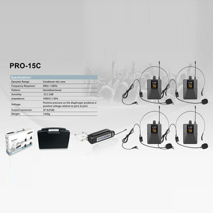 SHENGFU PRO-15CT Head Mounted and Lavalier UHF Wireless Microphone System with 1 Receiver + 4 Transmitters