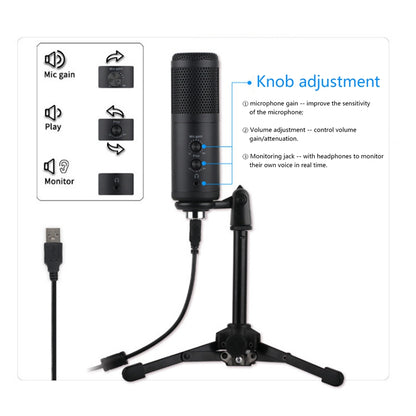 A9 USB Microphone Real-Time Monitor Volumn Adjustment External Condenser Microphone for Livestreaming/Gaming - Standard