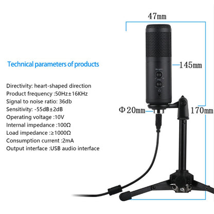 A9 USB Microphone Real-Time Monitor Volumn Adjustment External Condenser Microphone for Livestreaming/Gaming - Standard