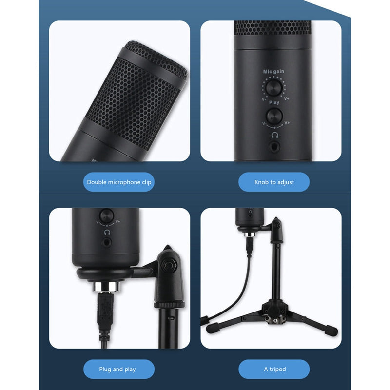 A9 USB Microphone Real-Time Monitor Volumn Adjustment External Condenser Microphone for Livestreaming/Gaming - Standard