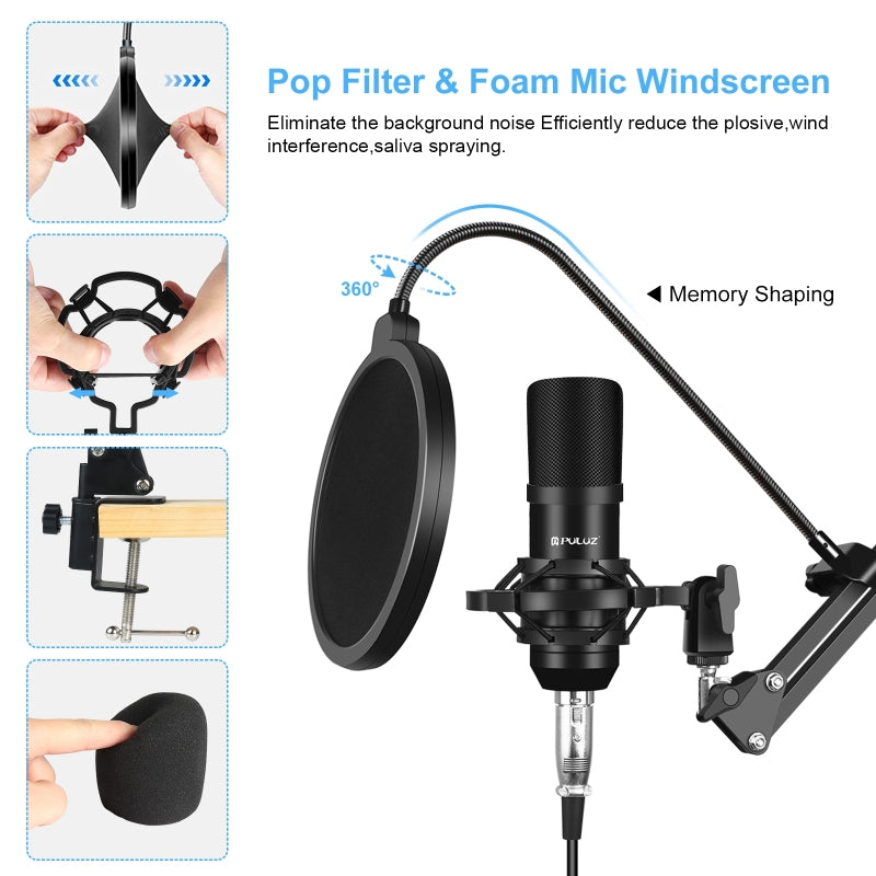 PULUZ Podcast Microphone USB Sound Card Kit Professional Studio Live Sound Mixer with Long Arm for Streaming/Gaming/Recording/Singing/Tiktok/YouTube/PC/Computer