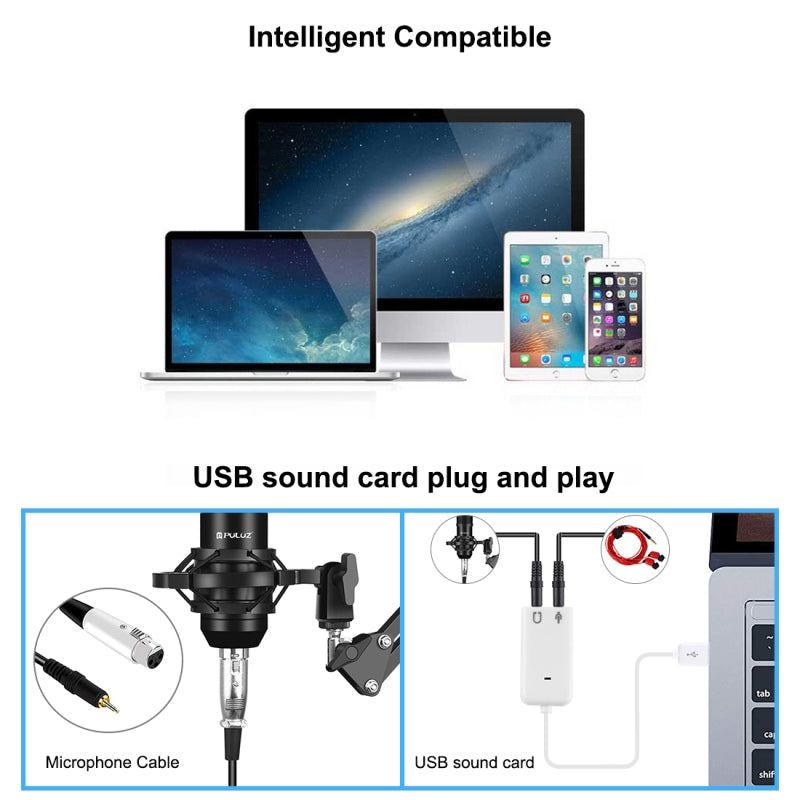 PULUZ Podcast Microphone USB Sound Card Kit Professional Studio Live Sound Mixer with Long Arm for Streaming/Gaming/Recording/Singing/Tiktok/YouTube/PC/Computer