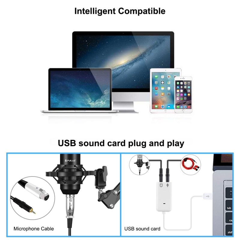 PULUZ Podcast Microphone USB Sound Card Kit Professional Studio Live Sound Mixer with Long Arm for Streaming/Gaming/Recording/Singing/Tiktok/YouTube/PC/Computer