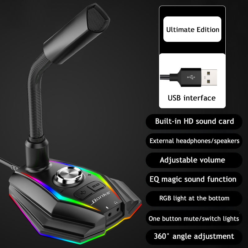 M2 Computer Microphone USB Rotary Knob Button Plug and Play RGB Light Gaming Voice Recording Tool Compatible with Laptop PC