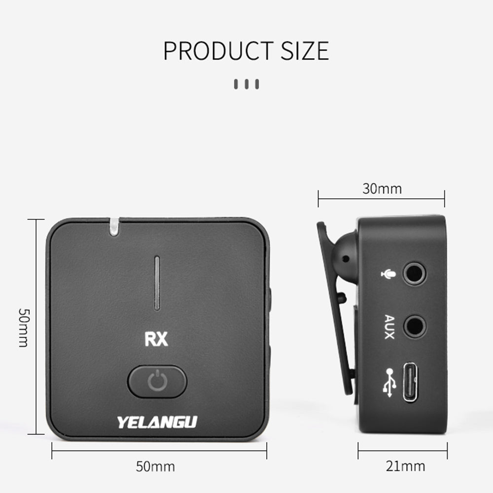 YELANGU MX5S 2.4G Wireless Lavalier Mic Portable Camera Phone Receiver + 2 Transmitter Mini Microphone for Online Teaching/Live-streaming