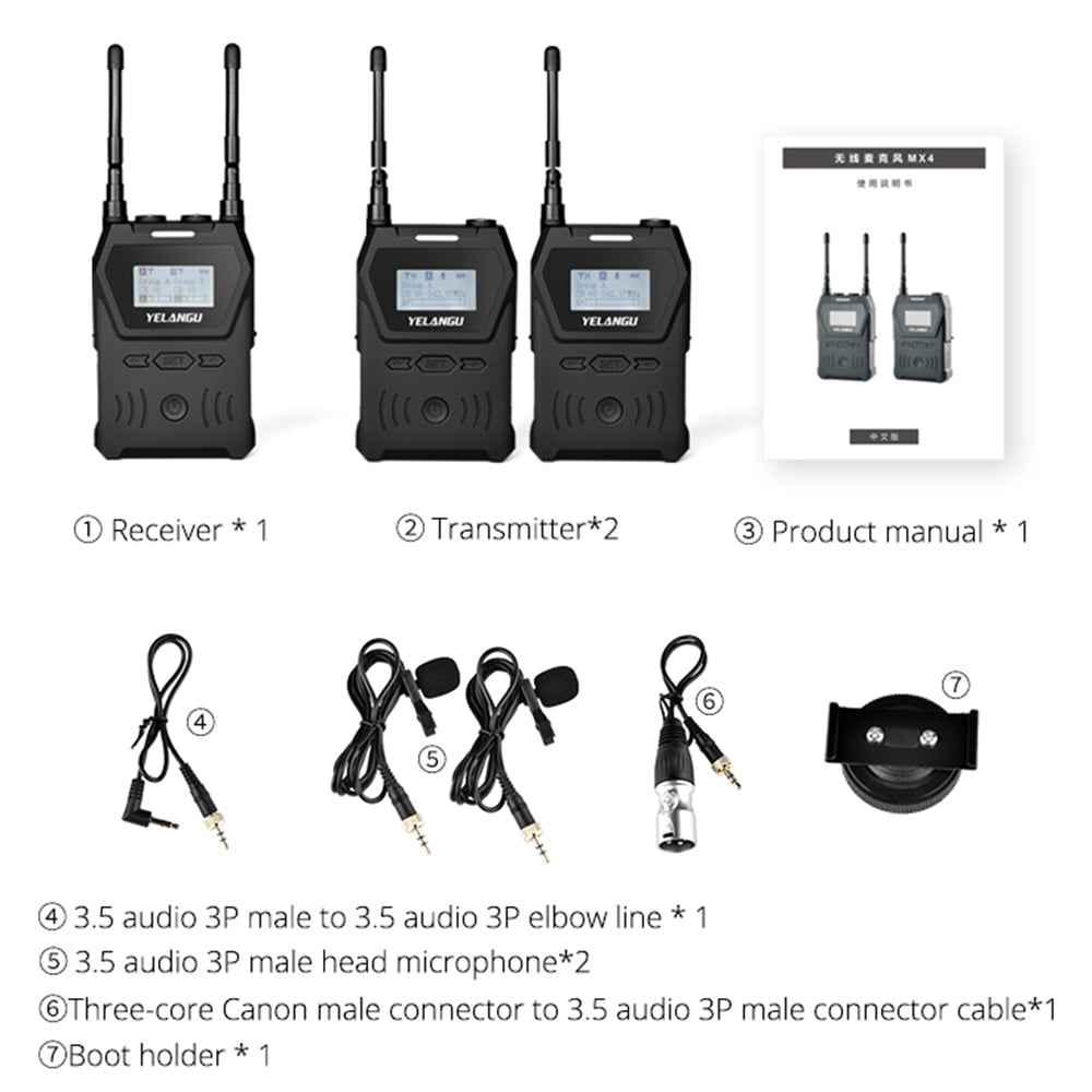 YELANGU MX4 Wireless Lavalier Microphone System Dual Transmitters Lapel Mic System for Camera, Camcorder, Conference, Interview and YouTube