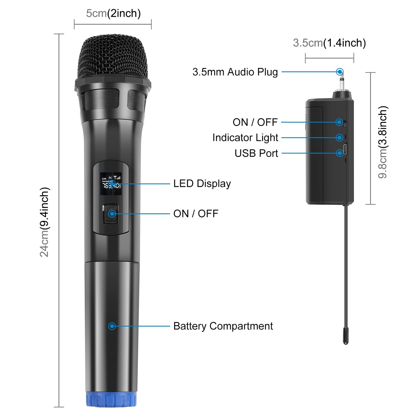 PULUZ PU628B UHF Wireless Dynamic Microphone with LED Display Battery Powered Mic