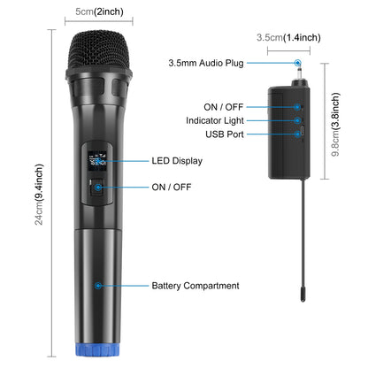 PULUZ PU628B UHF Wireless Dynamic Microphone with LED Display Battery Powered Mic