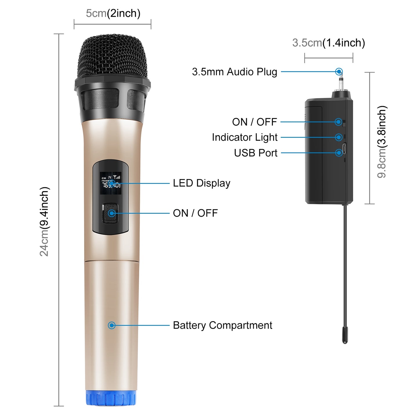 PULUZ PU628B UHF Wireless Dynamic Microphone with LED Display Battery Powered Mic