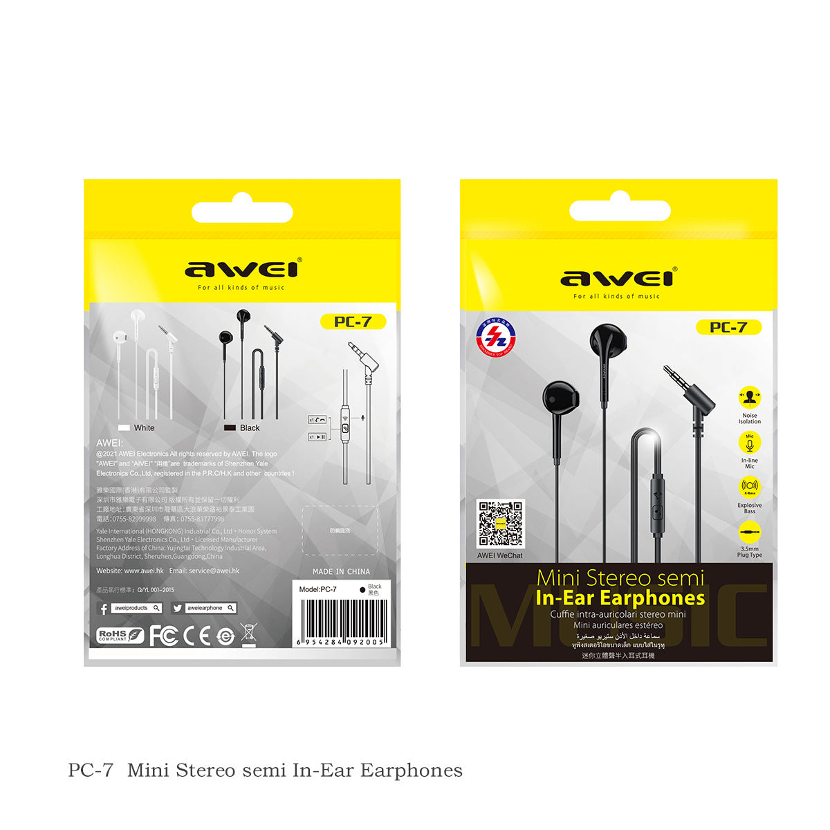 AWEI PC-7 3.5mm Wired Earphones In-ear Mobile Phone Music Headset with Mic Line Control