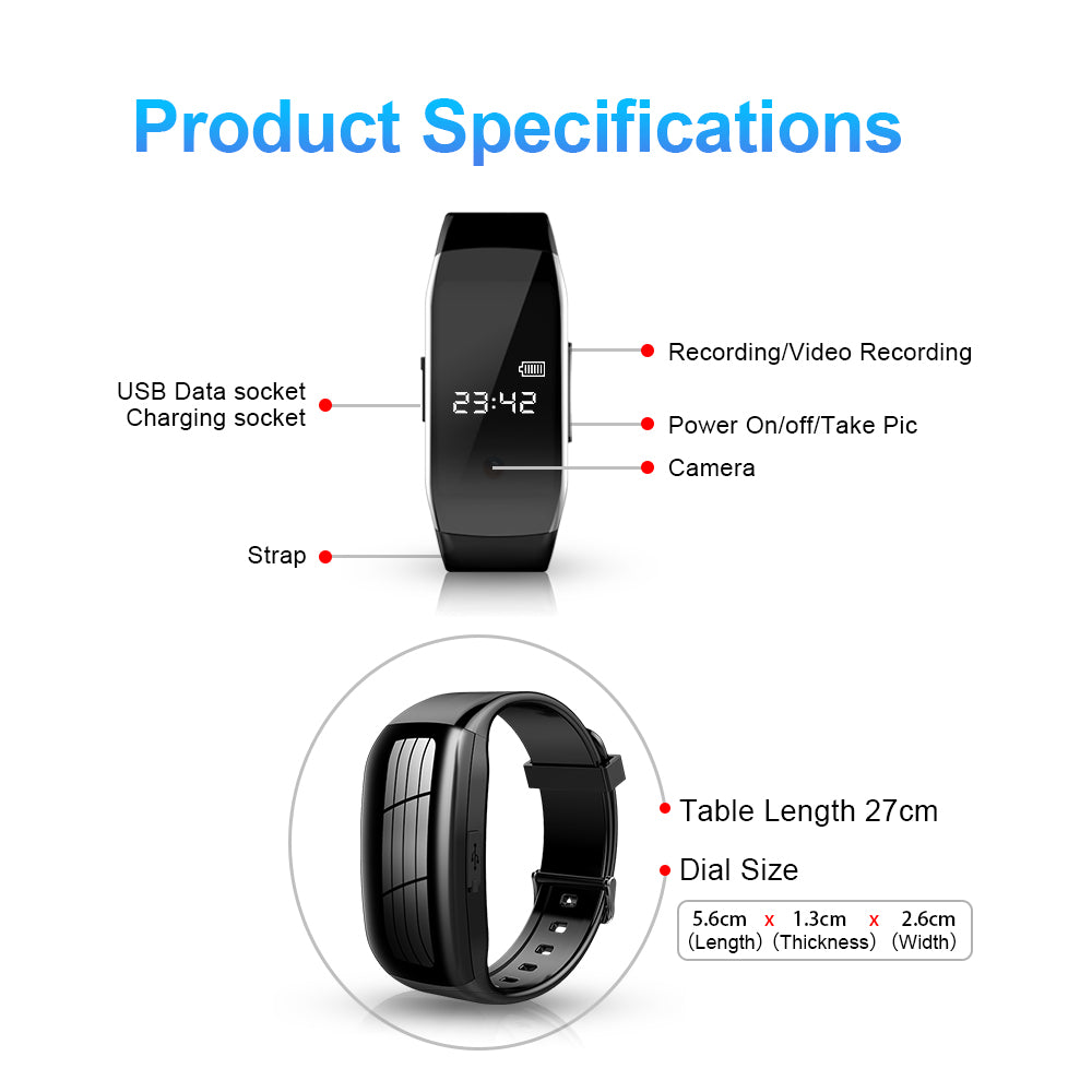 D5 32GB Wrist Watch Design Time Display 1080P Camera Video Voice Recording Intelligent Noise Reduction Audio Recorder