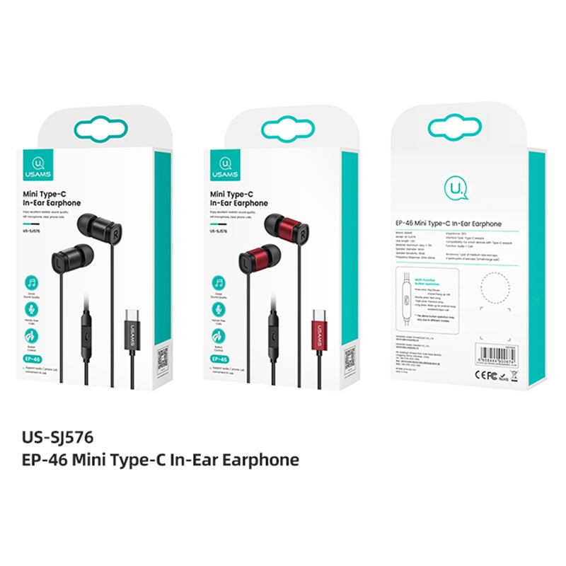 USAMS EP-46 Mini Type-C In-ear Headphone Wired Aluminum Alloy Headset HiFi Sound Earphone with 1.2m Cable