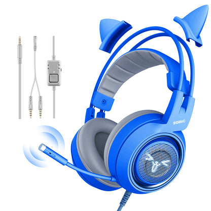 SOMIC G952 Blue Head-mounted Headset Cute Cat Ear 3.5MM Gaming Headphone