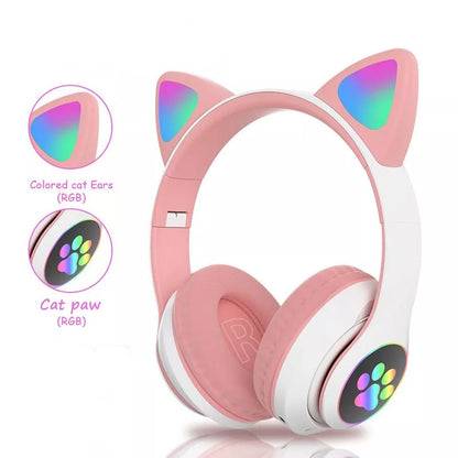 STN-28 3.5mm+Bluetooth 5.0 Dual Connection RGB Cat Ear Bass Stereo Noise-cancelling Headphones with Mic