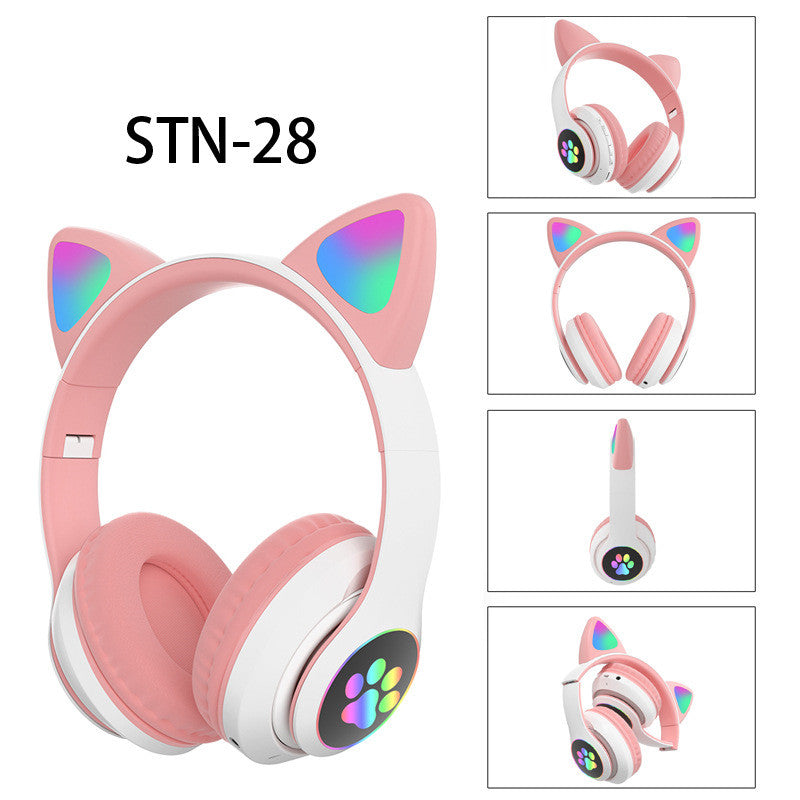 STN-28 3.5mm+Bluetooth 5.0 Dual Connection RGB Cat Ear Bass Stereo Noise-cancelling Headphones with Mic