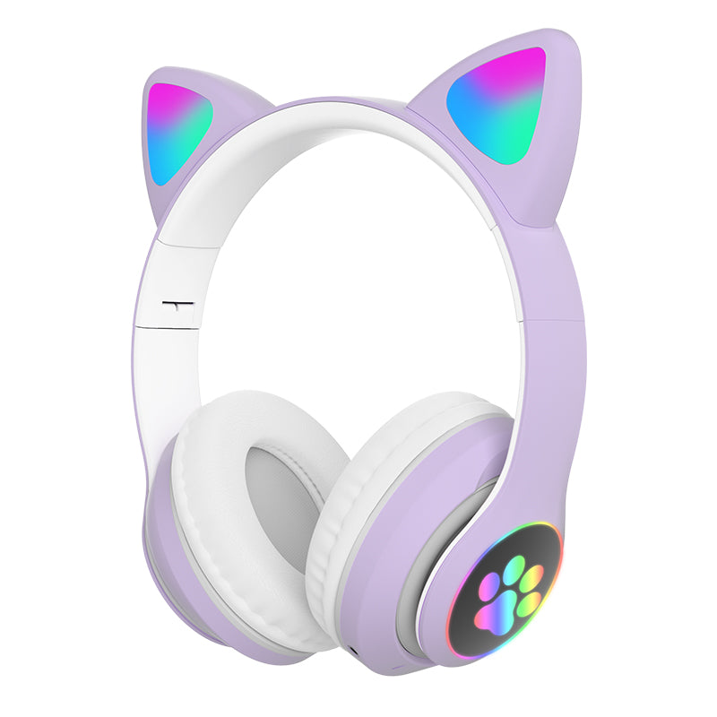 STN-28 3.5mm+Bluetooth 5.0 Dual Connection RGB Cat Ear Bass Stereo Noise-cancelling Headphones with Mic