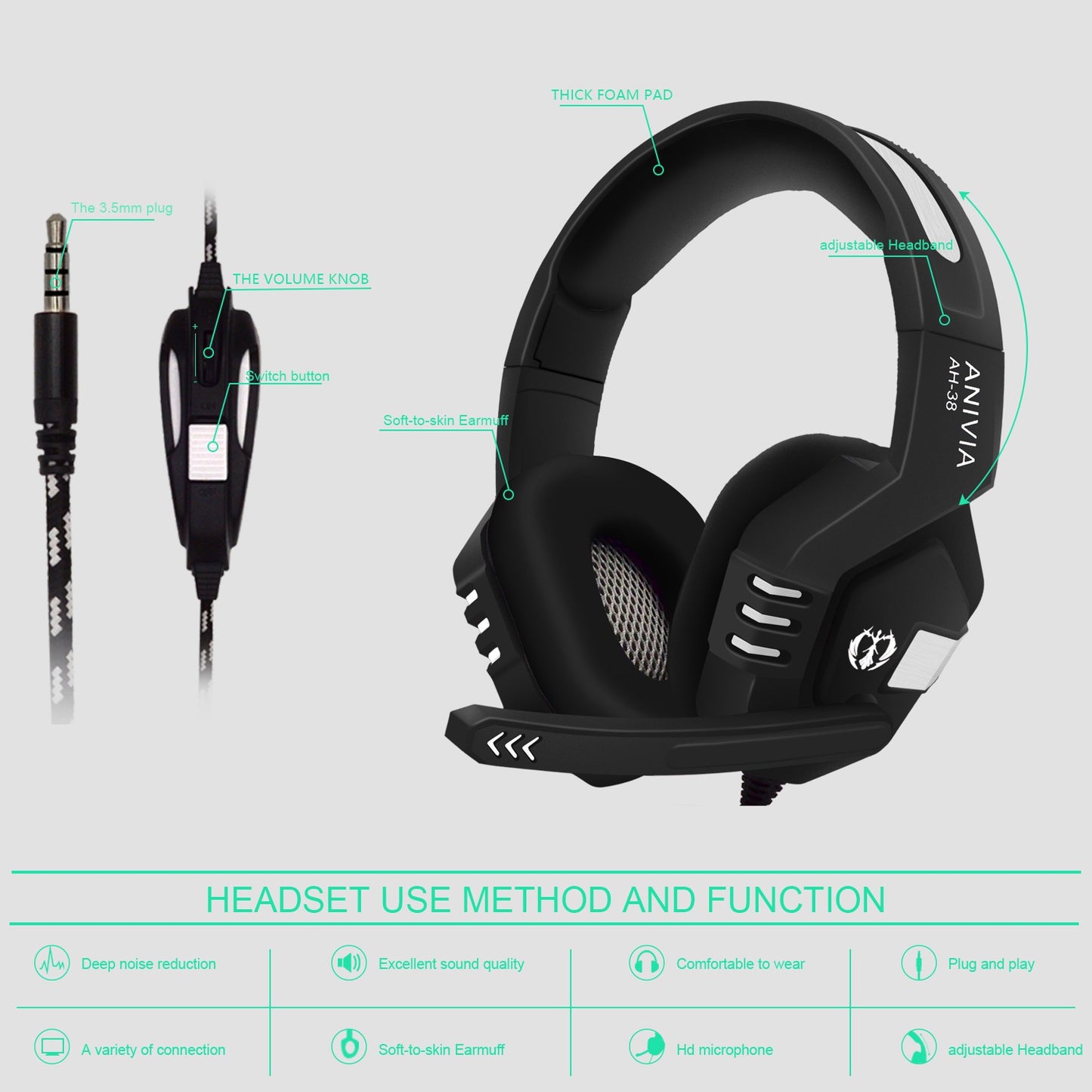 SADES AH-38 Over Ear Gaming Headset Wired Headphone Music Stereo Earphone with Mic for PC Laptop