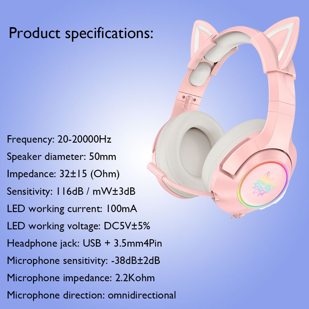 ONIKUMA K9 Cute Cat Ear Girls Gaming Headphones Head-Mounted PC Stereo Earphone Headphone with Mic LED Light