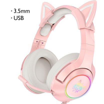 ONIKUMA K9 Cute Cat Ear Girls Gaming Headphones Head-Mounted PC Stereo Earphone Headphone with Mic LED Light