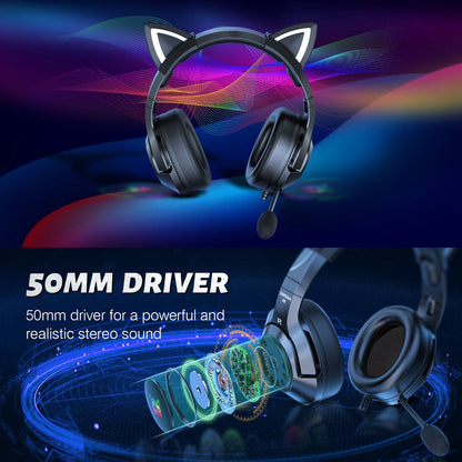 ONIKUMA K9 Cute Cat Ear Girls Gaming Headphones Head-Mounted PC Stereo Earphone Headphone with Mic LED Light