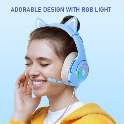 ONIKUMA K9 Cute Cat Ear Girls Gaming Headphones Head-Mounted PC Stereo Earphone Headphone with Mic LED Light