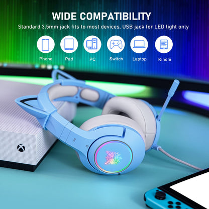 ONIKUMA K9 Cute Cat Ear Girls Gaming Headphones Head-Mounted PC Stereo Earphone Headphone with Mic LED Light