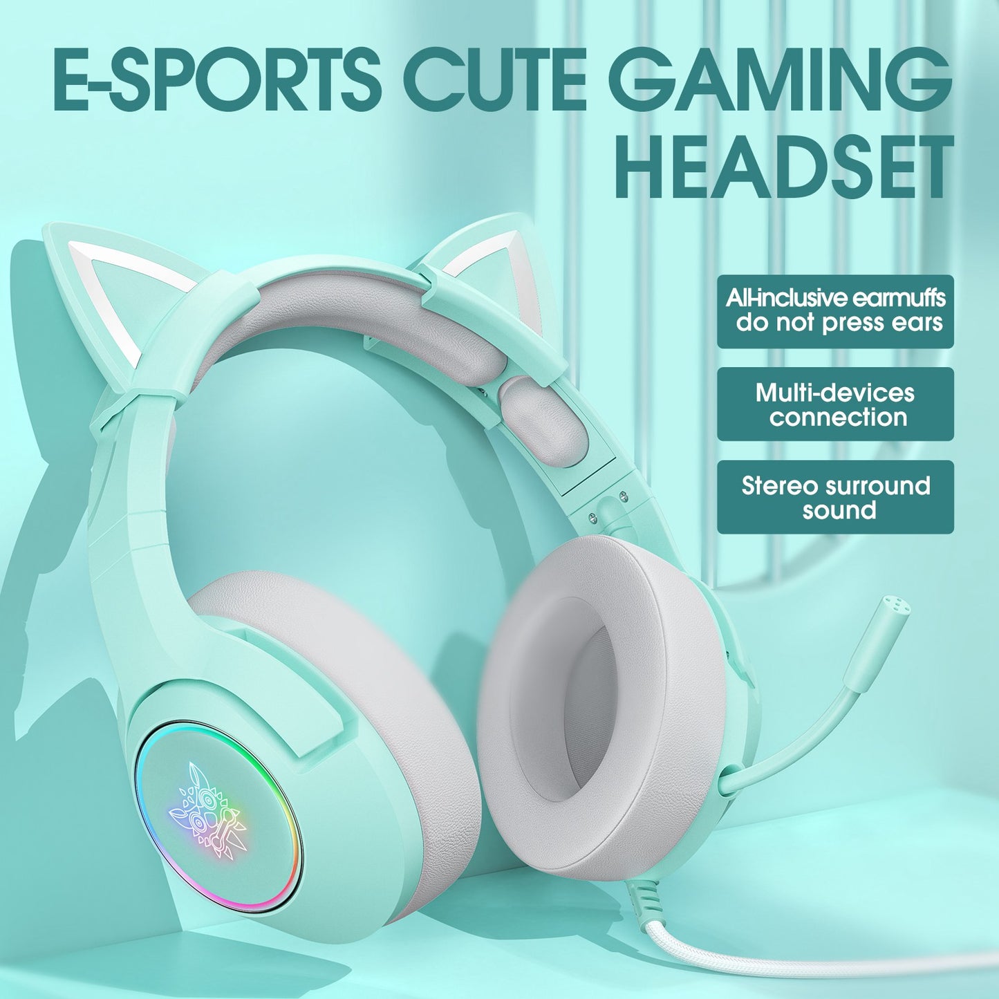 ONIKUMA K9 Cute Cat Ear Girls Gaming Headphones Head-Mounted PC Stereo Earphone Headphone with Mic LED Light