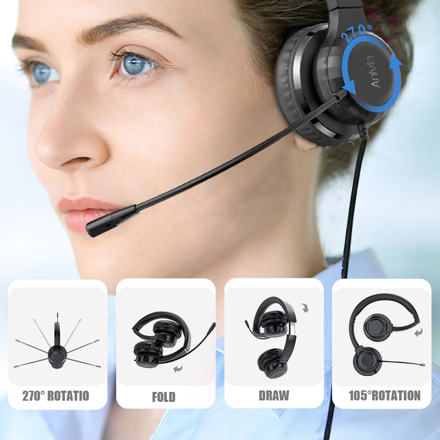 ANIVIA A7 Wired Headset with Noise-reduction Microphone Folding Rotating Headphone Integrated Headset for Game/Conversation