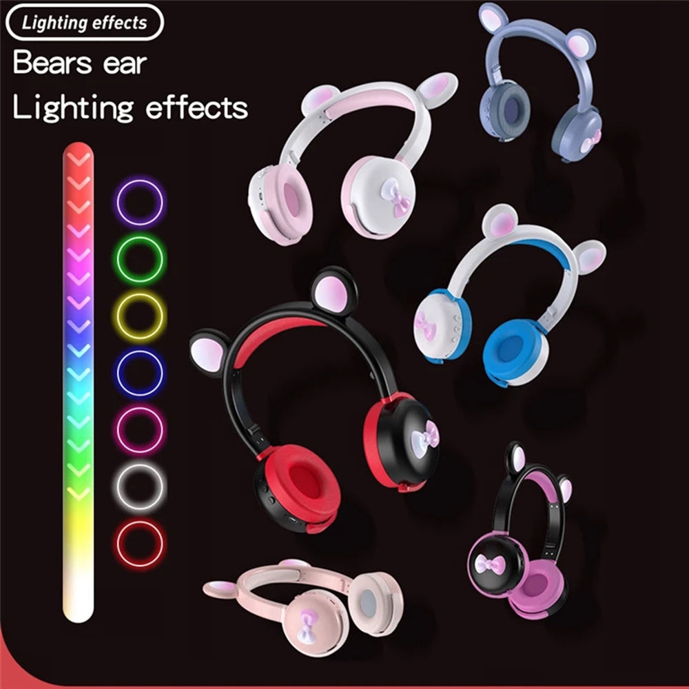 BK7 Cute Bear Wireless Bluetooth Headset Cartoon LED Light AUX-In Over Ear Headphone Children&#39;s Gift (CE Certificated)