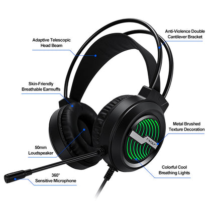 T-WOLF H130 Gaming Headset with Colorful Light/Noise-Canceling Microphone Wired Lightweight Headphone Stretchable Earphone with 3.5mm Jack for Laptop Computer