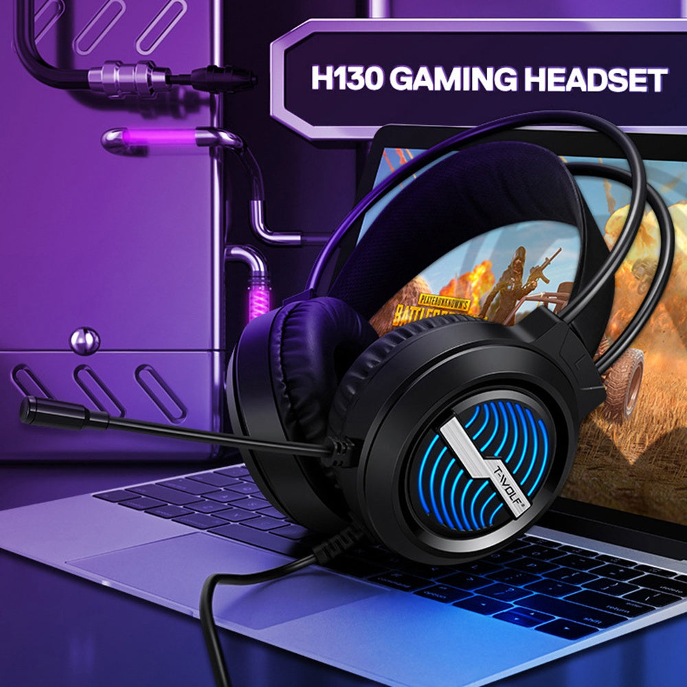 T-WOLF H130 Gaming Headset with Colorful Light/Noise-Canceling Microphone Wired Lightweight Headphone Stretchable Earphone with 3.5mm Jack for Laptop Computer