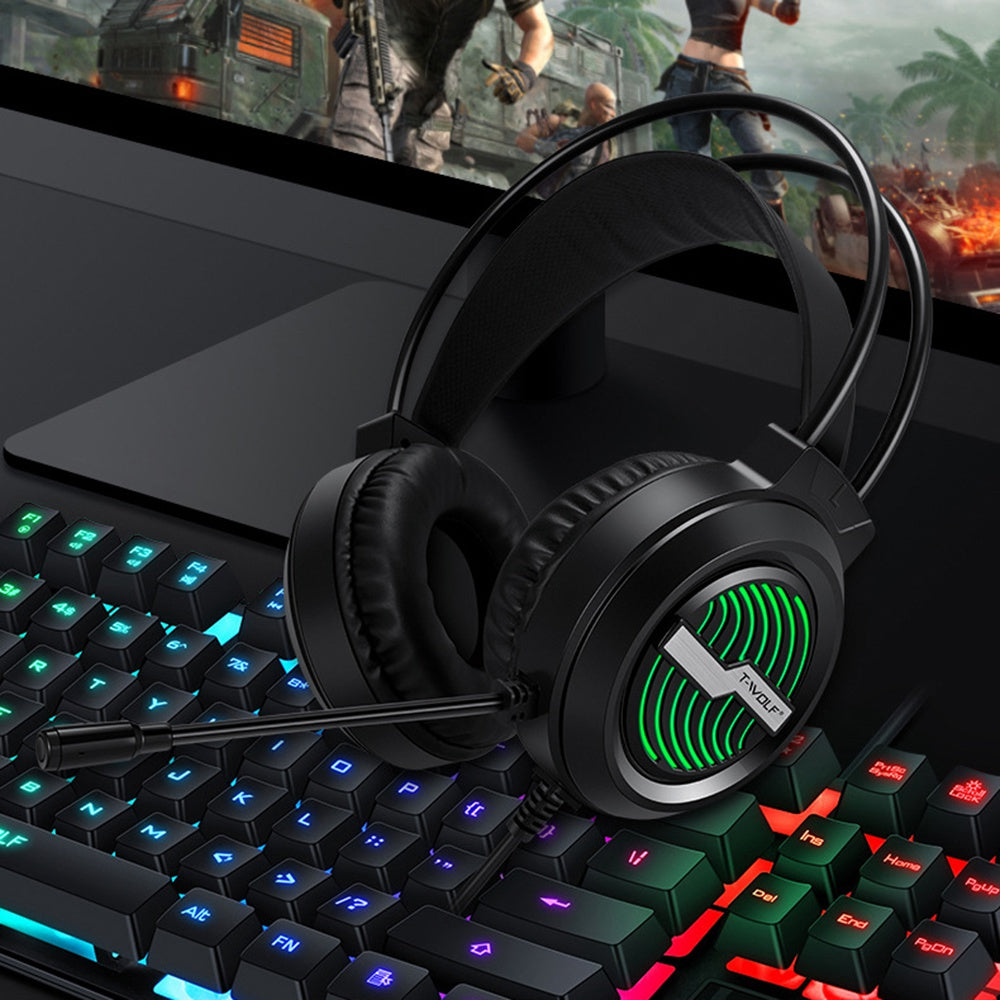 T-WOLF H130 Gaming Headset with Colorful Light/Noise-Canceling Microphone Wired Lightweight Headphone Stretchable Earphone with 3.5mm Jack for Laptop Computer