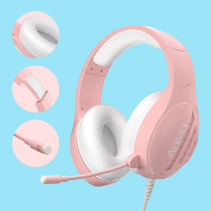 ANIVIA Girls Women Over-Ear Headphone Stereo 3.5mm Wired PC Gaming Headset with Microphone - Pink