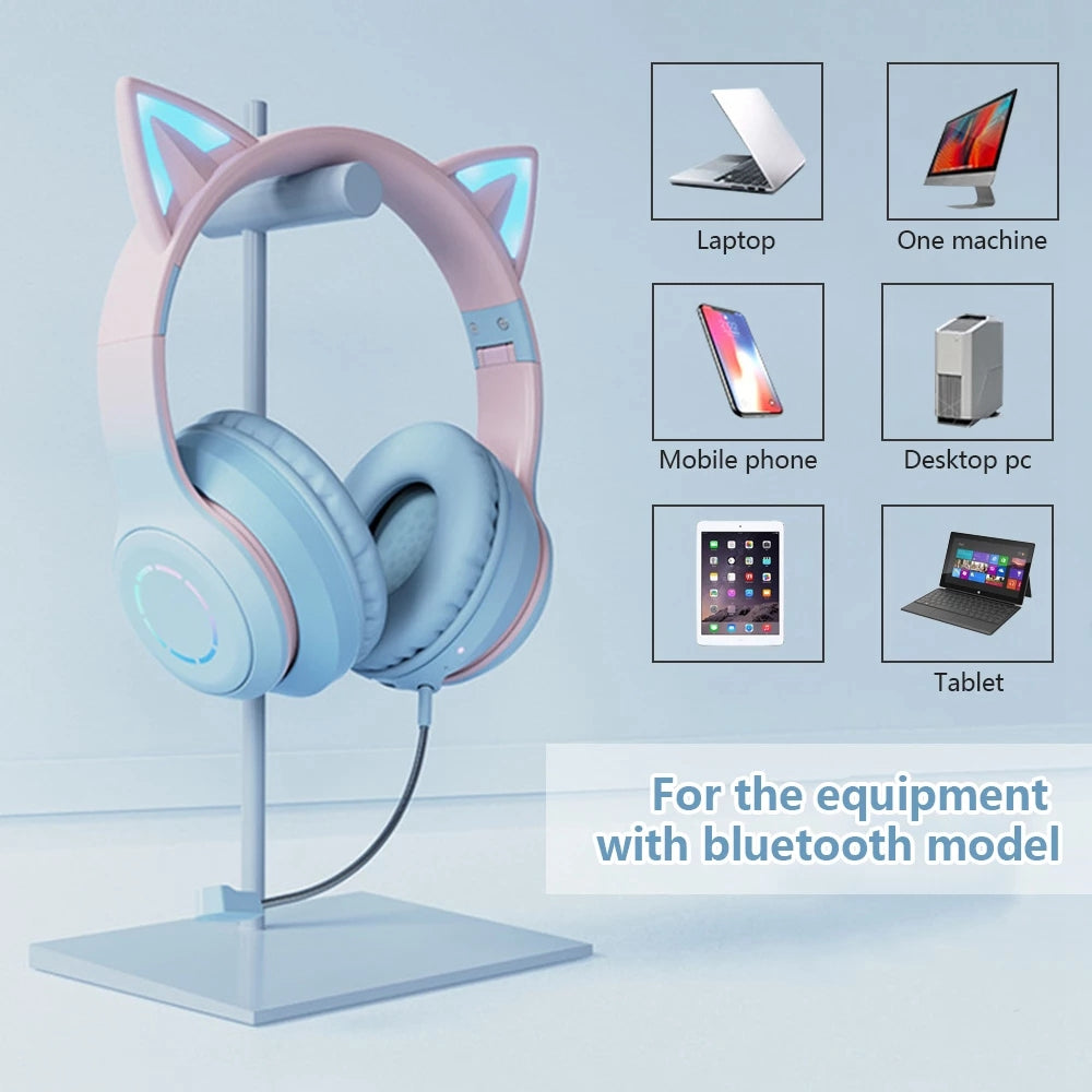 BT029C Bluetooth Wireless Headset with Detachable Mic RGB LED Adjustable Head-Mount Earphones Kids Stereo Music Cat Ear Folding Headphones