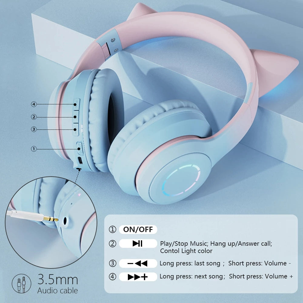 BT029C Bluetooth Wireless Headset with Detachable Mic RGB LED Adjustable Head-Mount Earphones Kids Stereo Music Cat Ear Folding Headphones