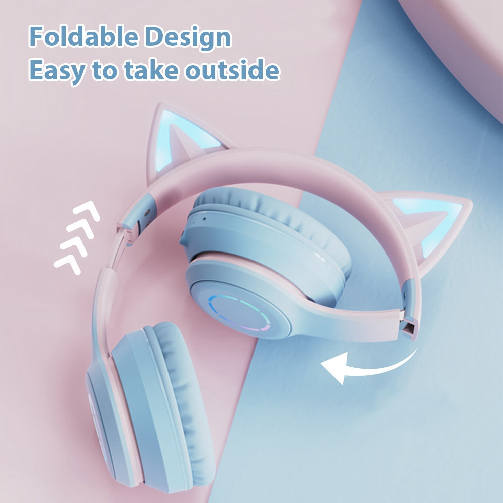 BT029C Bluetooth Wireless Headset with Detachable Mic RGB LED Adjustable Head-Mount Earphones Kids Stereo Music Cat Ear Folding Headphones