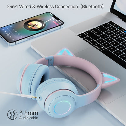 BT029C Bluetooth Wireless Headset with Detachable Mic RGB LED Adjustable Head-Mount Earphones Kids Stereo Music Cat Ear Folding Headphones