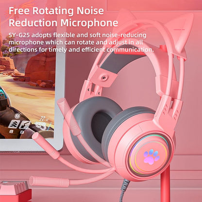 SY-G25 RGB Light Wired Headset Cat Ear Decorated Headphones with Noise Cancelling Mic 3.5mm Gaming Earphones for E-Sports