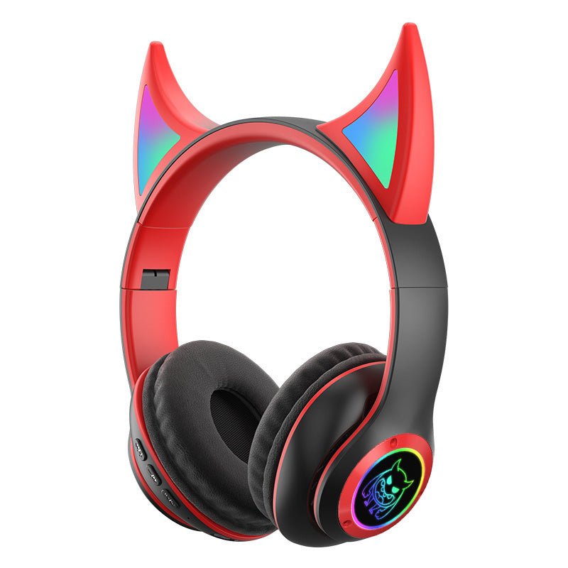 STN25 Kids Devil Ears Headset with HD Mic Wireless Headphones RGB Light Folding Earphones Support 3.5mm Audio Cable Wired Connection