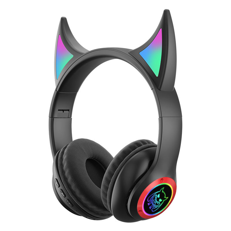 STN25 Kids Devil Ears Headset with HD Mic Wireless Headphones RGB Light Folding Earphones Support 3.5mm Audio Cable Wired Connection