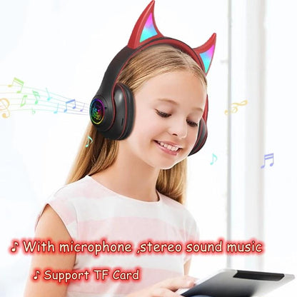 STN25 Kids Devil Ears Headset with HD Mic Wireless Headphones RGB Light Folding Earphones Support 3.5mm Audio Cable Wired Connection