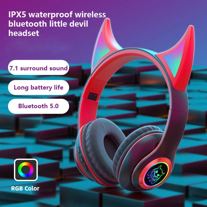 STN25 Kids Devil Ears Headset with HD Mic Wireless Headphones RGB Light Folding Earphones Support 3.5mm Audio Cable Wired Connection