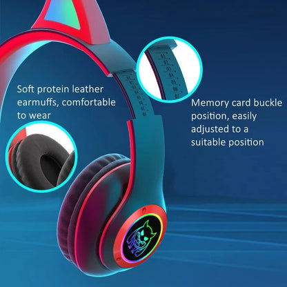 STN25 Kids Devil Ears Headset with HD Mic Wireless Headphones RGB Light Folding Earphones Support 3.5mm Audio Cable Wired Connection