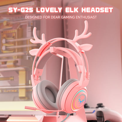 SY-G25 Deer Antler Wired Headset RGB Light Headphones with Noise Cancelling Mic 3.5mm Gaming Earphones for E-Sports