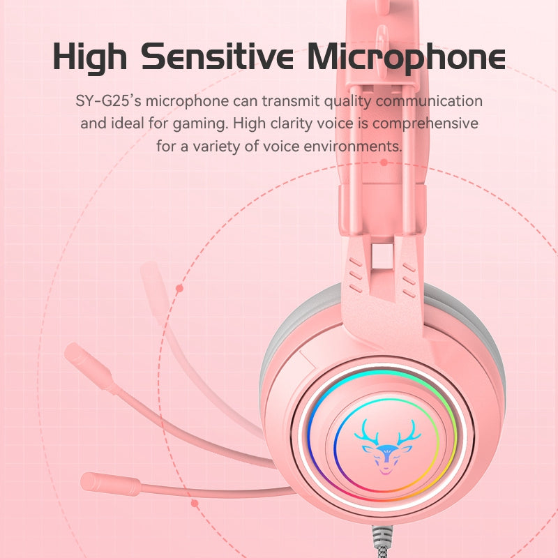 SY-G25 Deer Antler Wired Headset RGB Light Headphones with Noise Cancelling Mic 3.5mm Gaming Earphones for E-Sports