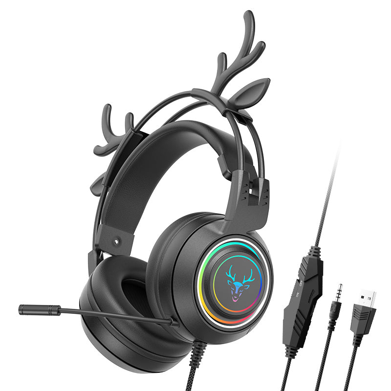 SY-G25 Deer Antler Wired Headset RGB Light Headphones with Noise Cancelling Mic 3.5mm Gaming Earphones for E-Sports