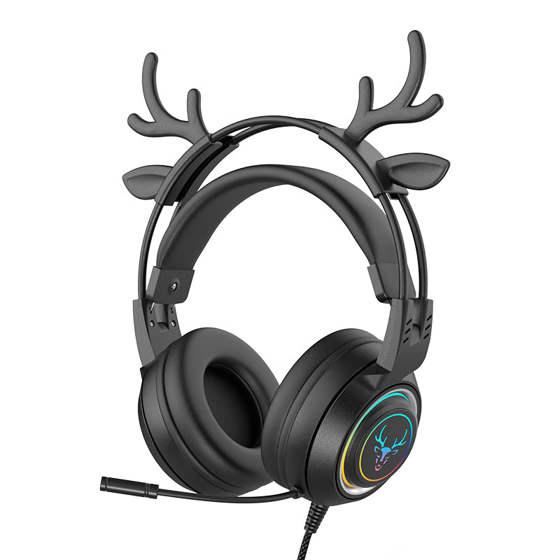 SY-G25 Deer Antler Wired Headset RGB Light Headphones with Noise Cancelling Mic 3.5mm Gaming Earphones for E-Sports