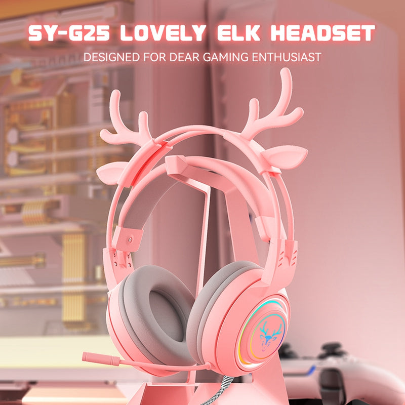 SY-G25 Deer Antler Wired Headset RGB Light Headphones with Noise Cancelling Mic 3.5mm Gaming Earphones for E-Sports